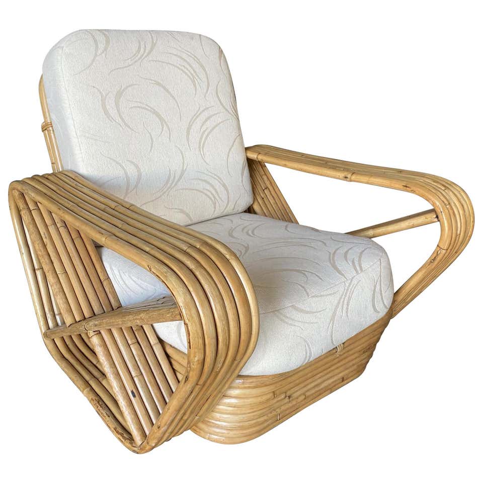 Restored six-strand square pretzel rattan lounge chair with ottoman